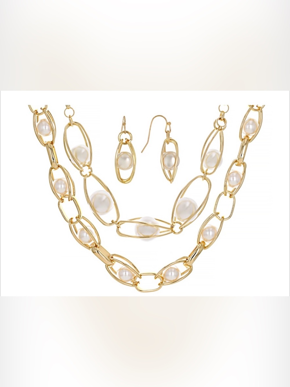 JTV Pearl Simulant Gold Tone Double Necklace and Earring Set